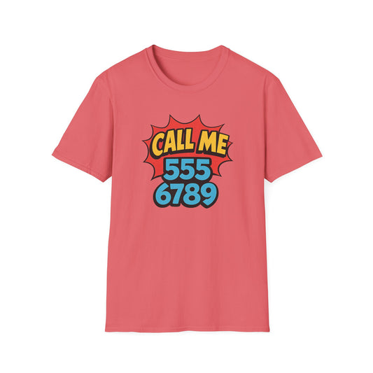 funny call me 5556789 graphic tee pink shirt
retro phone number graphic t-shirt pop art design
call me 555 6789 novelty graphic tee
funny conversation starter t-shirt design
retro comic style graphic tee