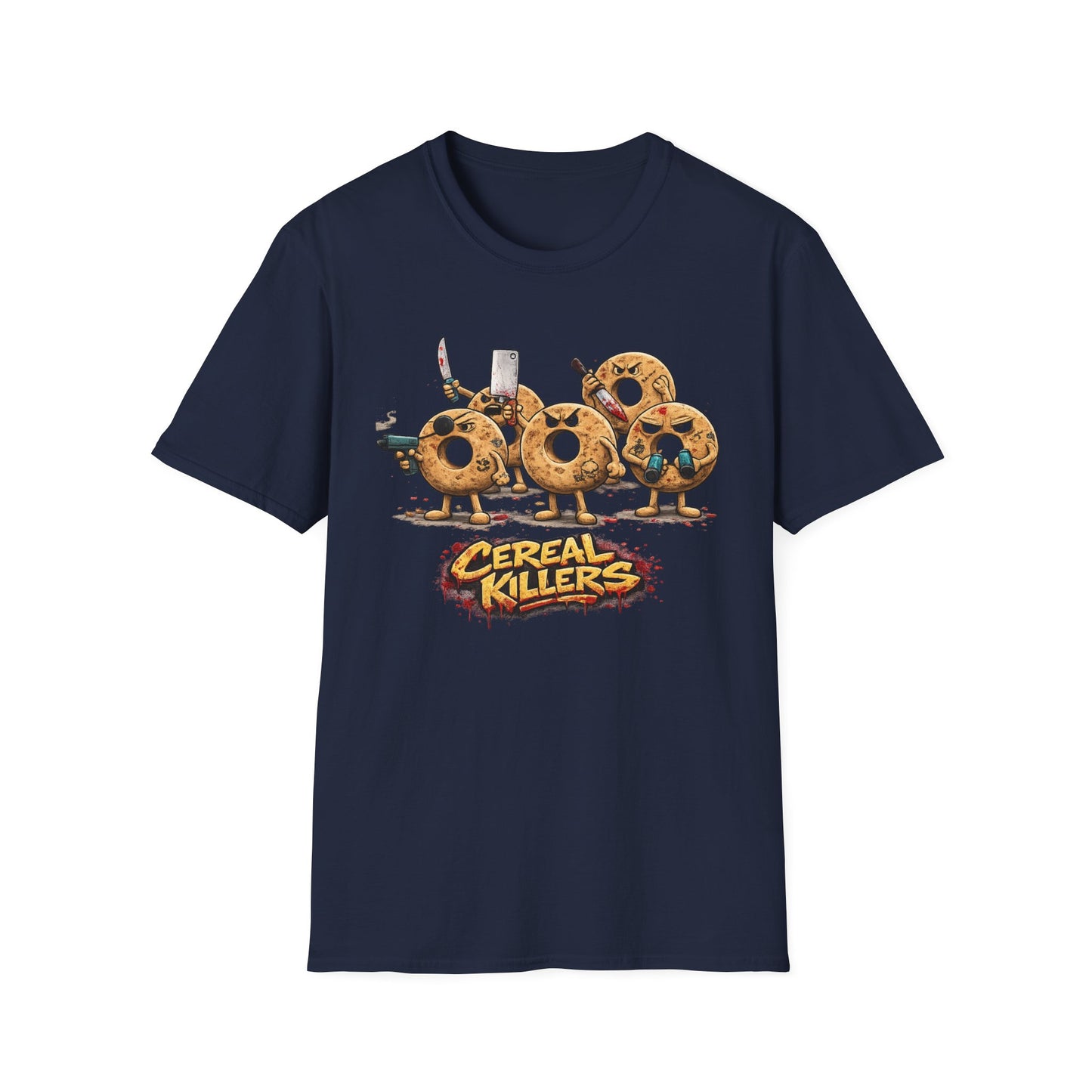 Navy Cereal Killers graphic t-shirt with humorous cereal pun design by Walking Canvas Co.