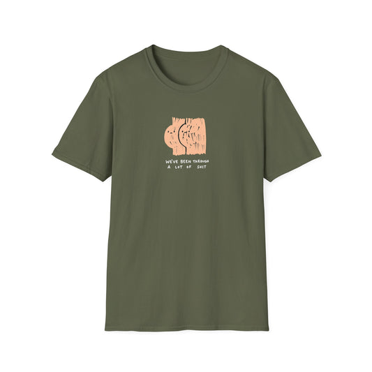 Dark milatary green graphic t-shirt with ‘we’ve been through a lot of shit’ text and abstract character illustration