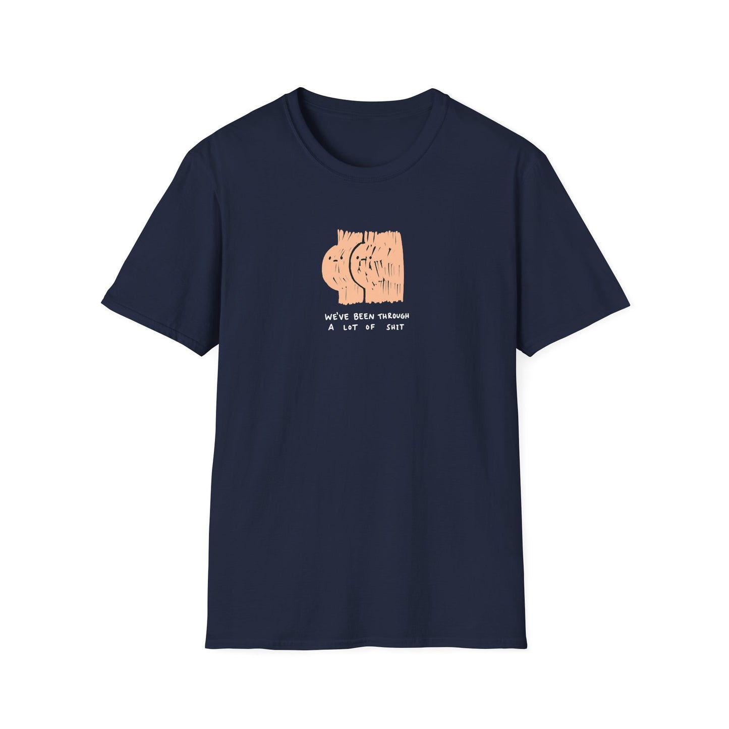 Navy blue graphic t-shirt with ‘we’ve been through a lot of shit’ text and abstract character illustration