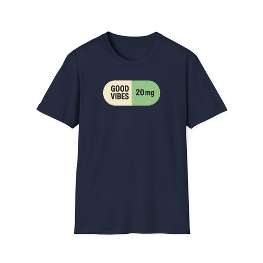 Good Vibes 20mg graphic t-shirt in navy blue with capsule design self administered happiness