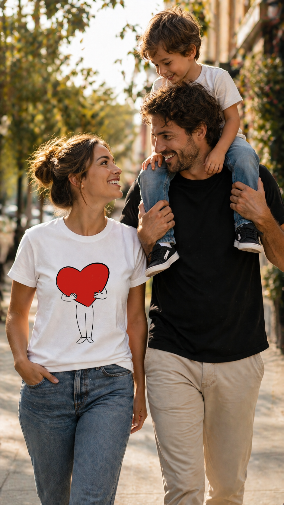 Family of three walking outdoors with a woman wearing a white t-shirt with a red heart design.