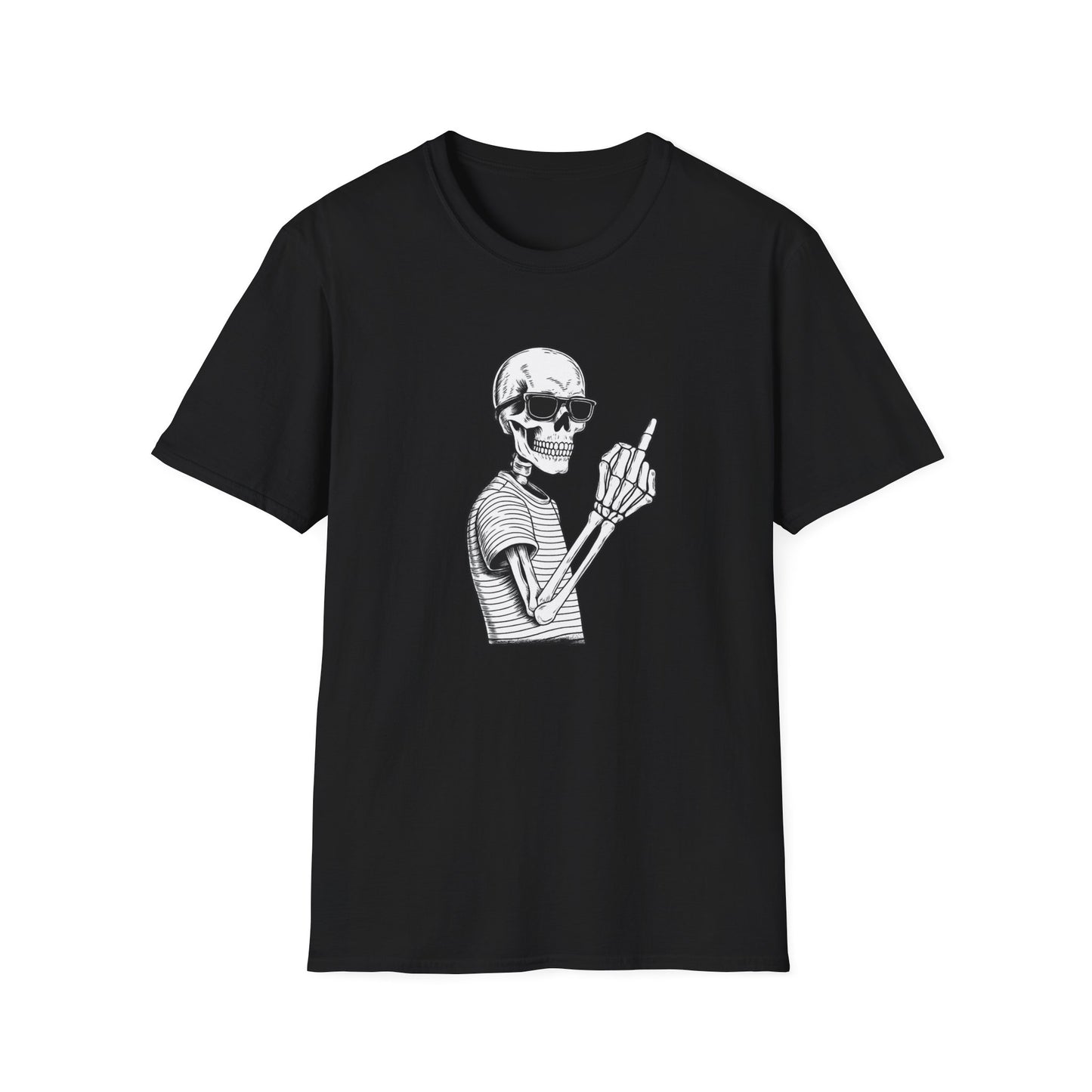 Bones skeleton graphic tee in black with skull design and calm defiant attitude