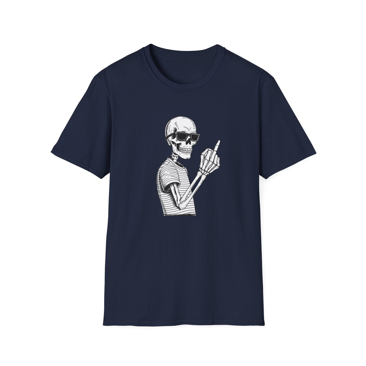 Bones skeleton graphic tee in navy blue with minimalist skull design and dark humour vibe