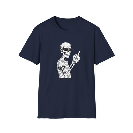 Bones skeleton graphic tee in navy blue with minimalist skull design and dark humour vibe