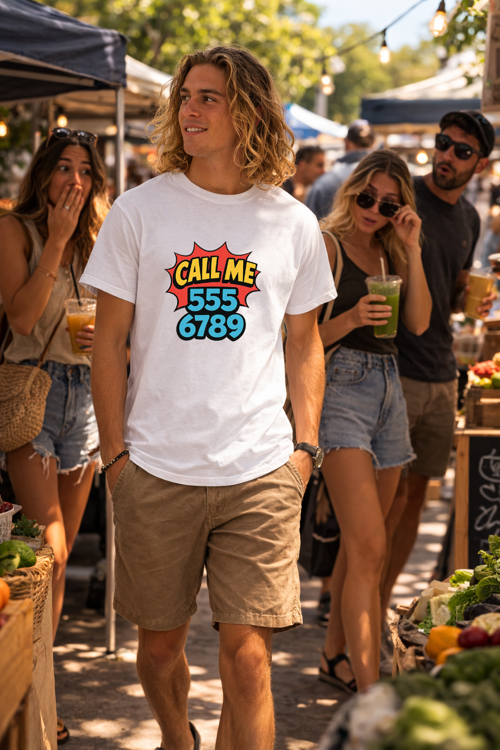 Man wearing a white t-shirt with a colorful phone number design at an outdoor market.