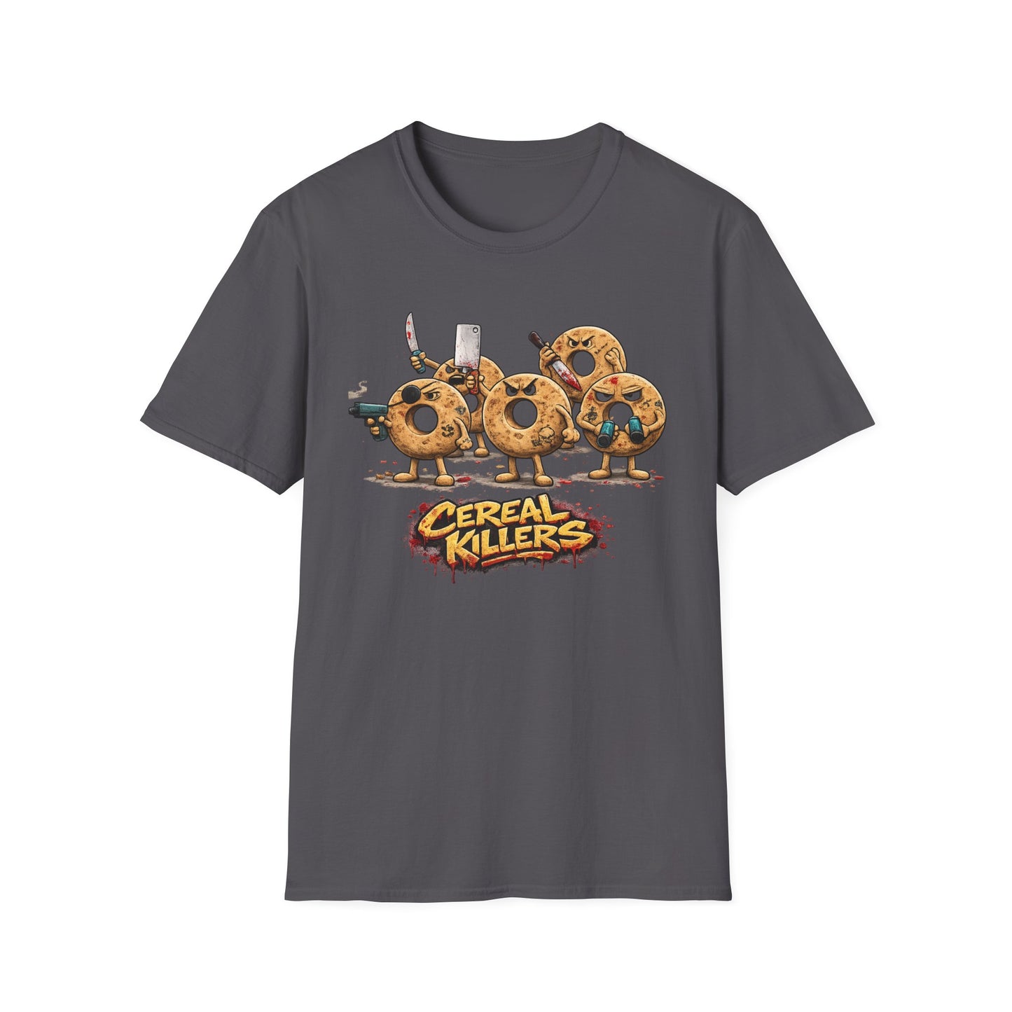 Charcoal Cereal Killers graphic t-shirt featuring funny breakfast pun design by Walking Canvas Co.