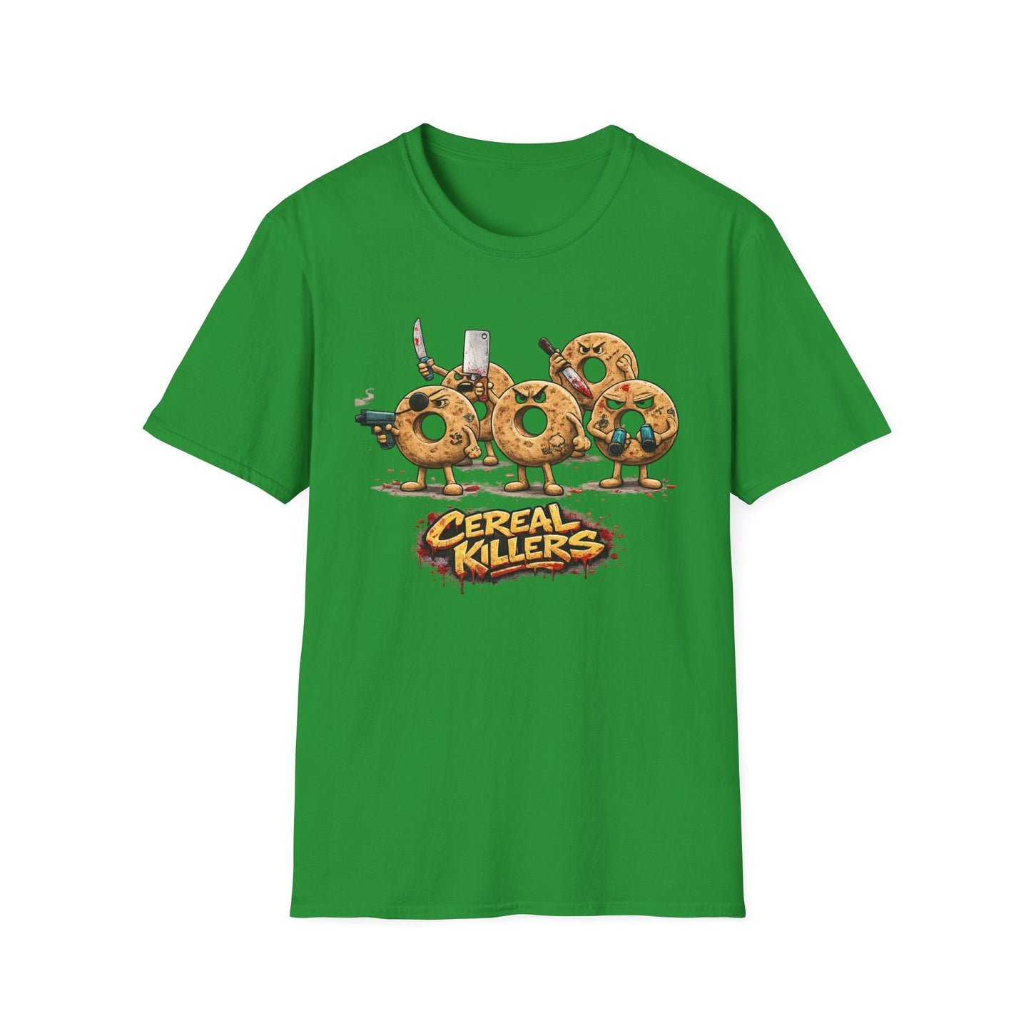 Irish green Cereal Killers graphic tee with playful cereal pun design by Walking Canvas Co.