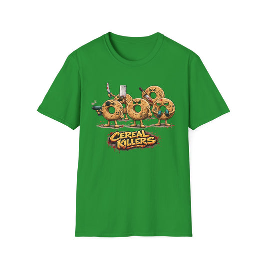 Irish green Cereal Killers graphic tee with playful cereal pun design by Walking Canvas Co.