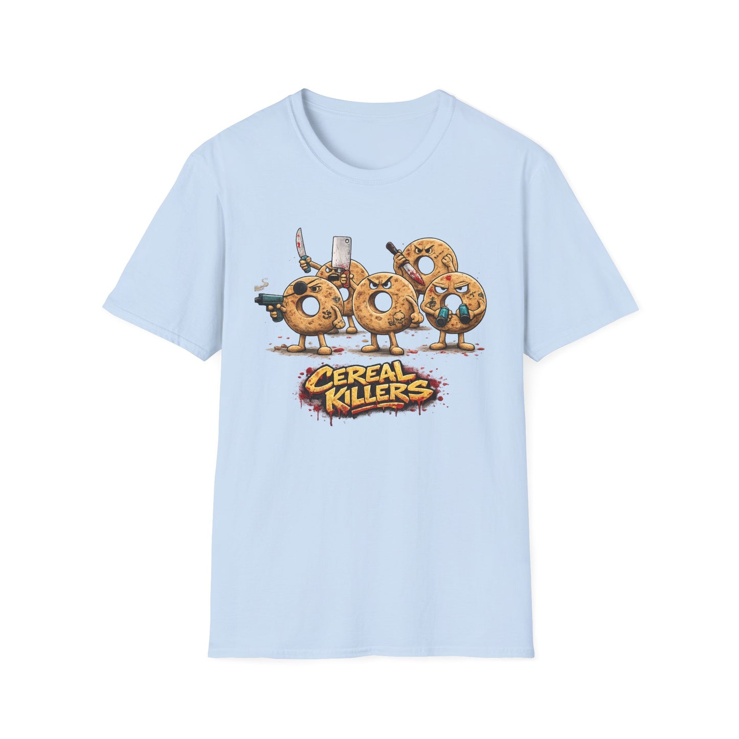 Light blue Cereal Killers graphic t-shirt featuring humorous breakfast pun design by Walking Canvas Co.