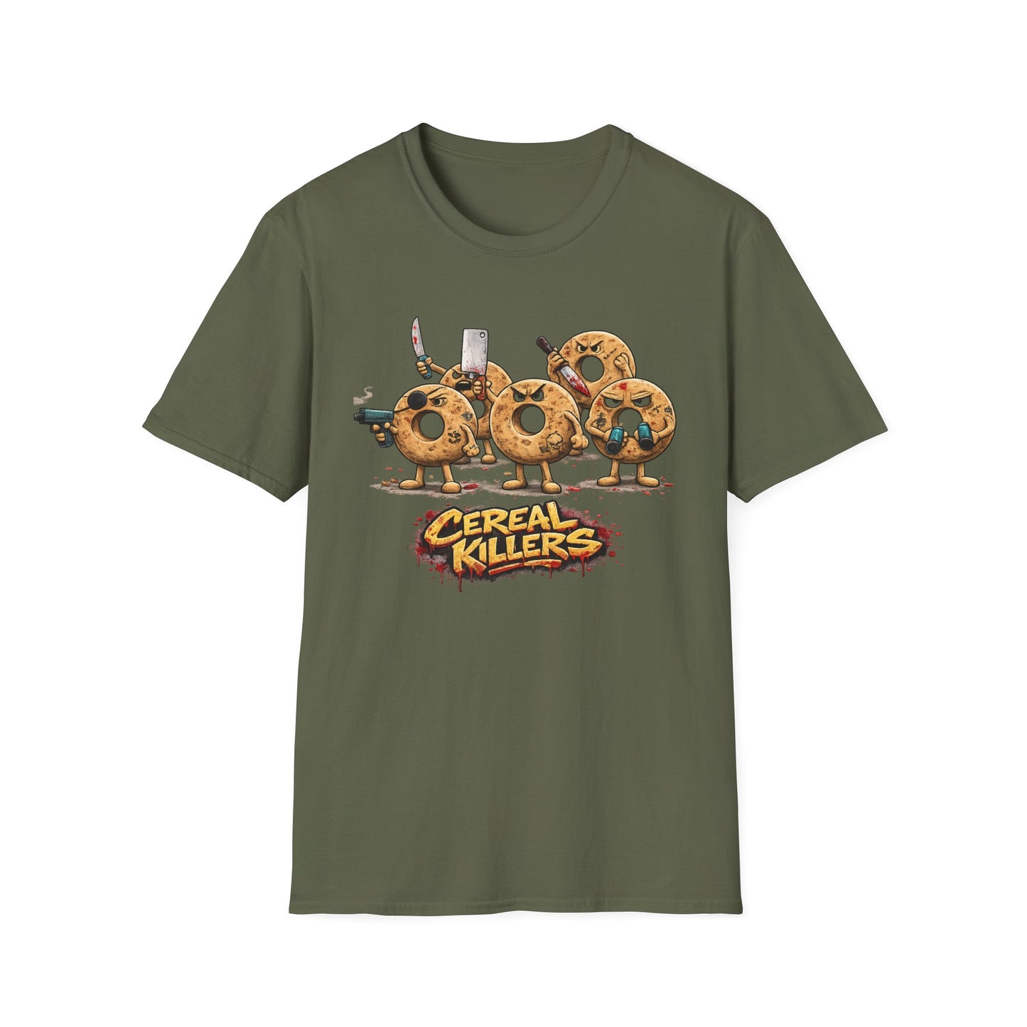 Military green Cereal Killers graphic t-shirt with bold humorous cereal design by Walking Canvas Co.
