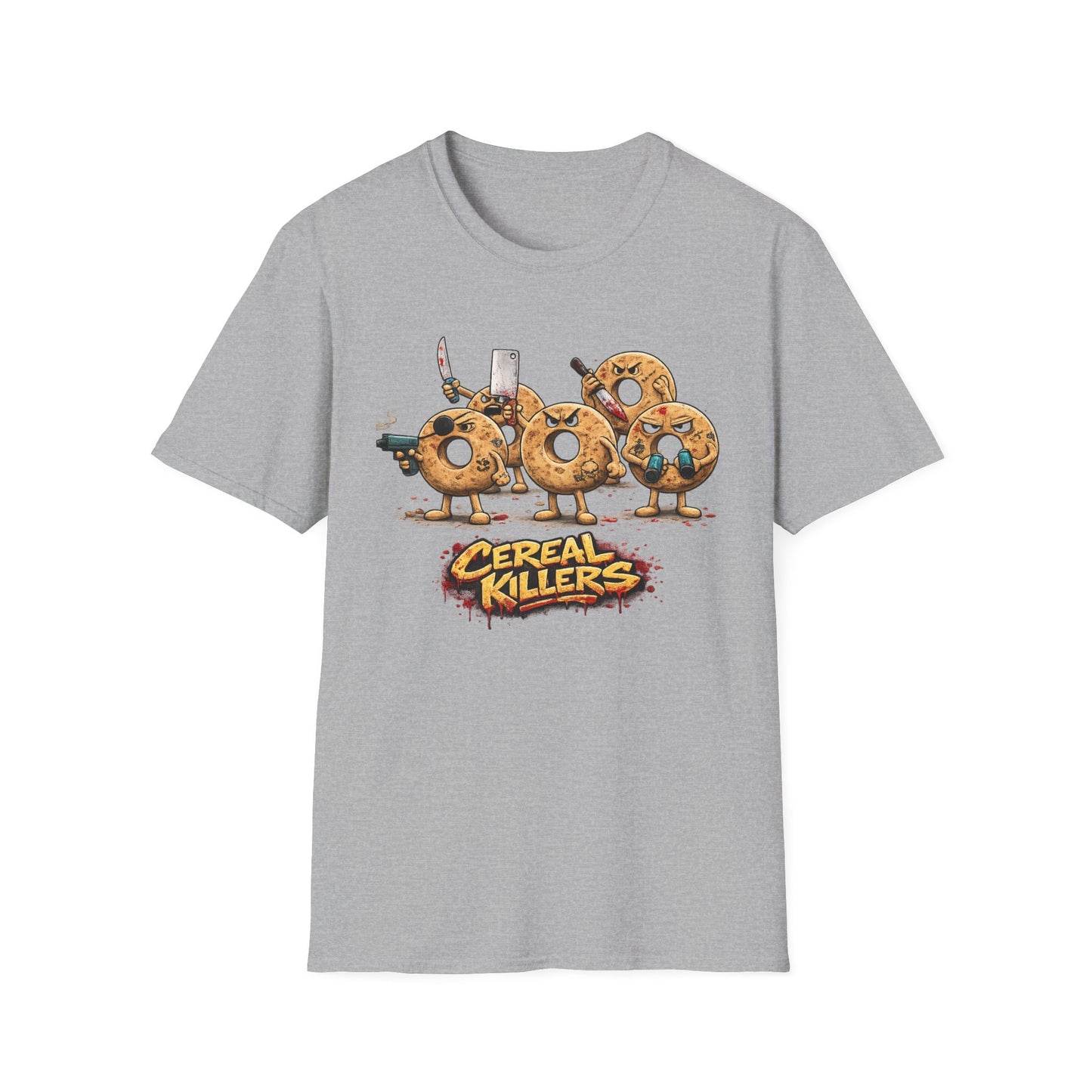 Sport grey Cereal Killers graphic tee with funny cereal character design by Walking Canvas Co.