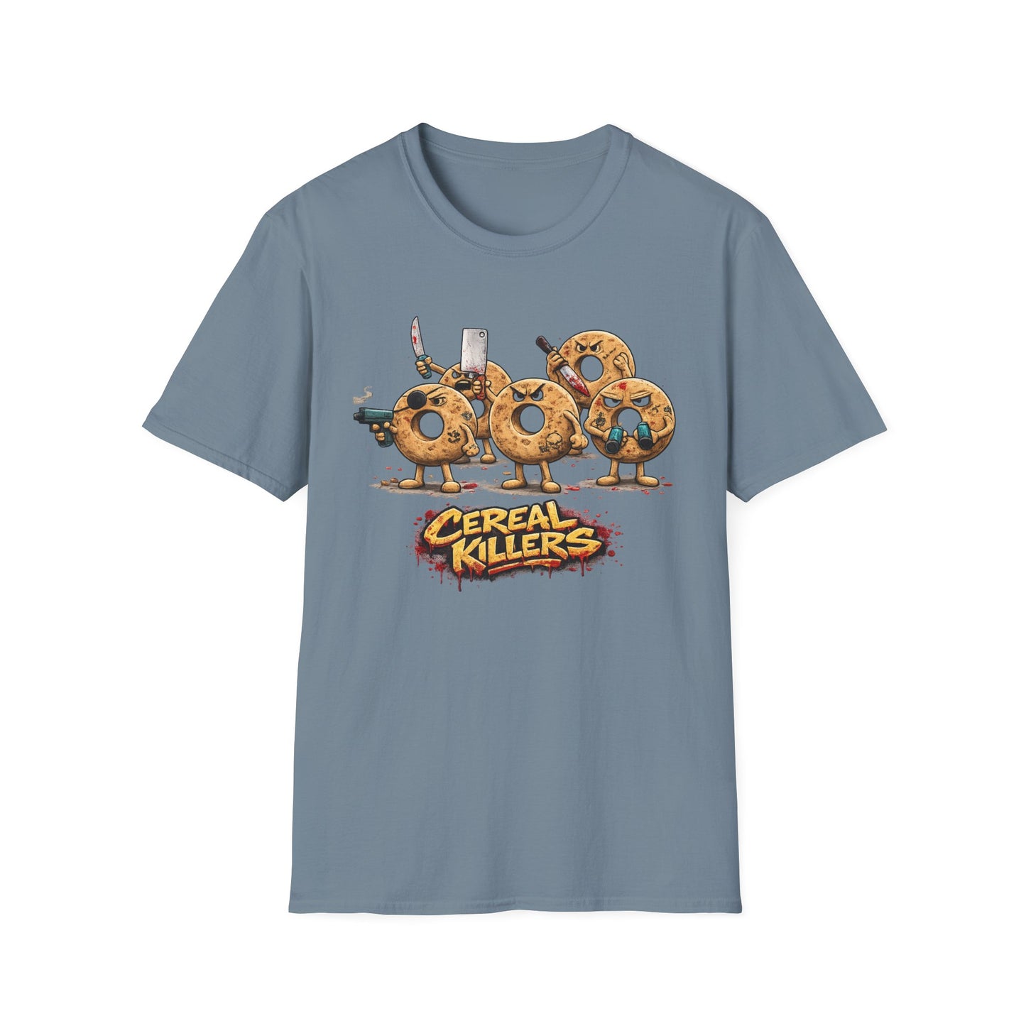 Stone blue Cereal Killers graphic t-shirt with playful cereal character design by Walking Canvas Co.