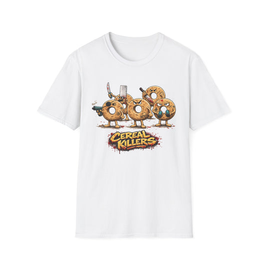 White Cereal Killers graphic tee with funny cereal pun design by Walking Canvas Co.