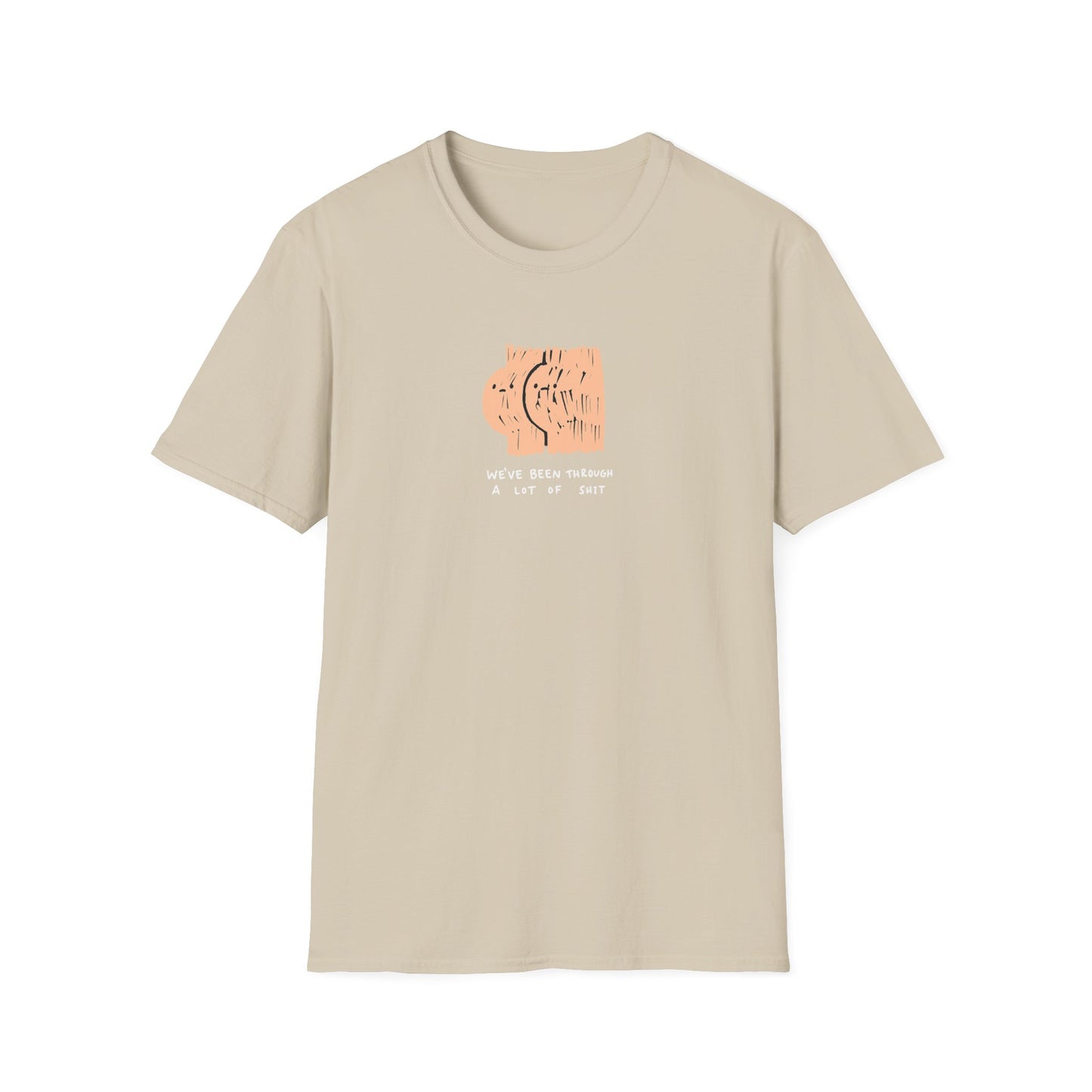 Beige graphic t-shirt with ‘we’ve been through a lot of shit’ text and abstract character illustration