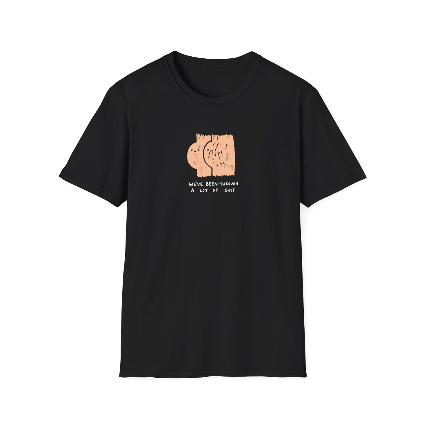 Black graphic t-shirt with ‘we’ve been through a lot of shit’ text and abstract character illustration