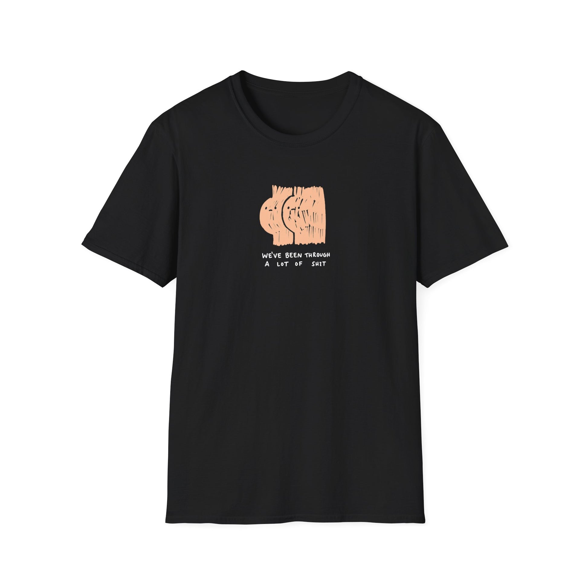 Black graphic t-shirt with ‘we’ve been through a lot of shit’ text and abstract character illustration