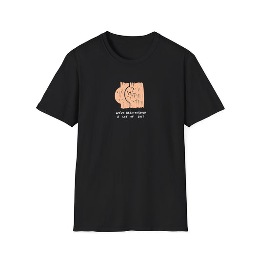 Black graphic t-shirt with ‘we’ve been through a lot of shit’ text and abstract character illustration
