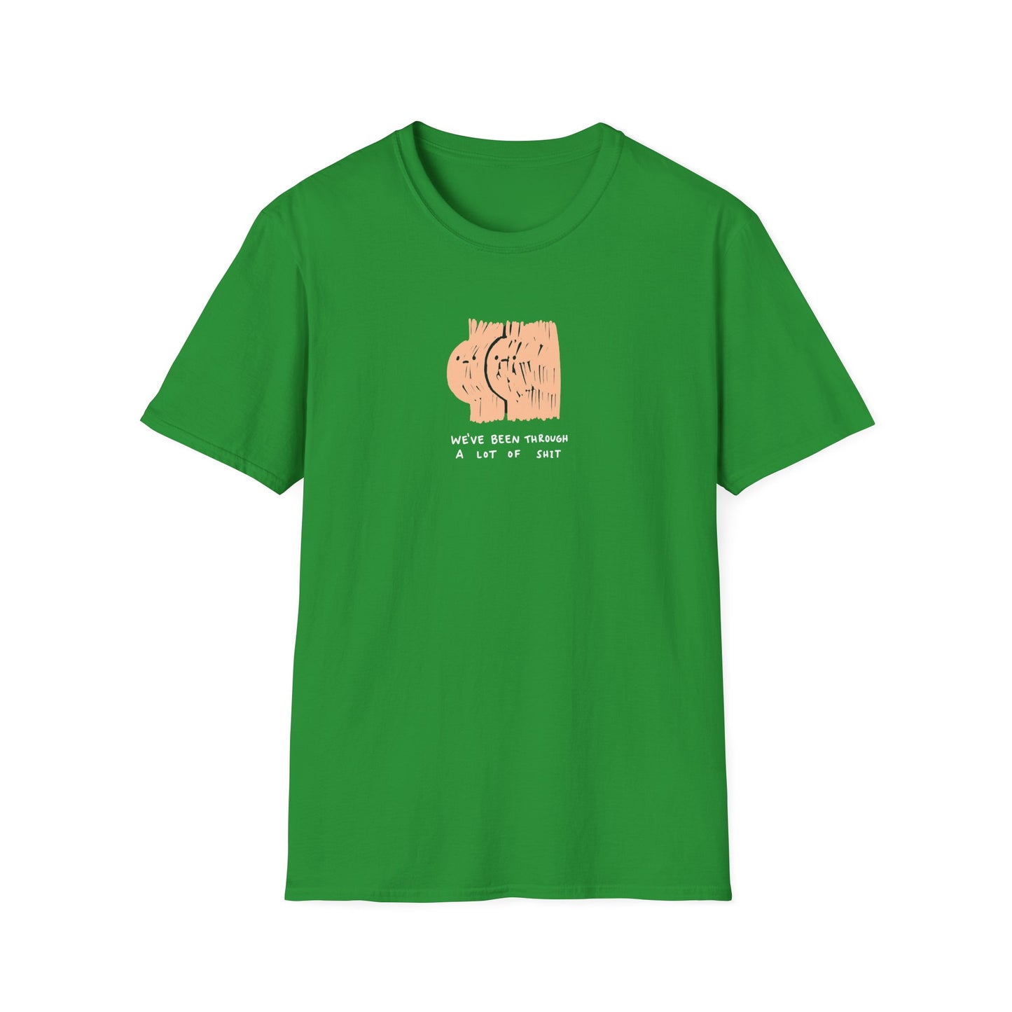 Bright Irish Green graphic t-shirt with ‘we’ve been through a lot of shit’ text and abstract character illustration