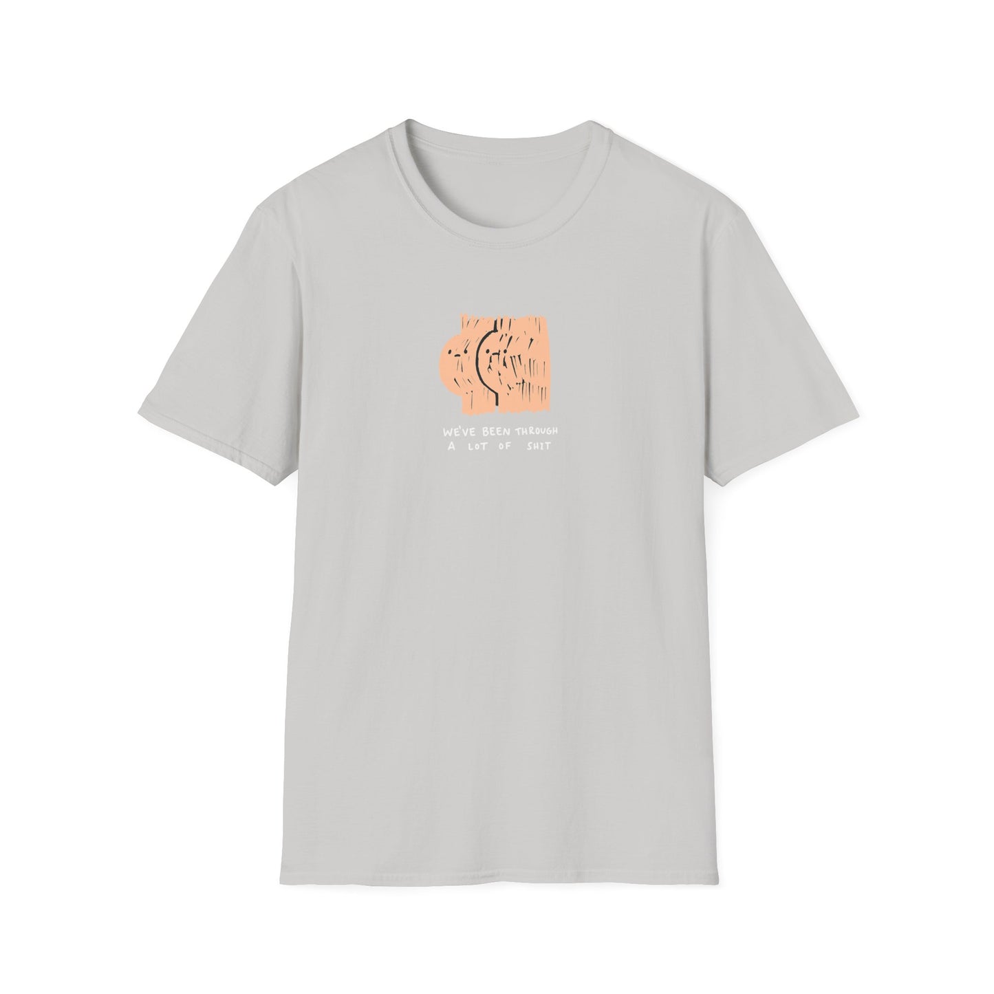 Grey graphic t-shirt with ‘we’ve been through a lot of shit’ text and abstract character illustration