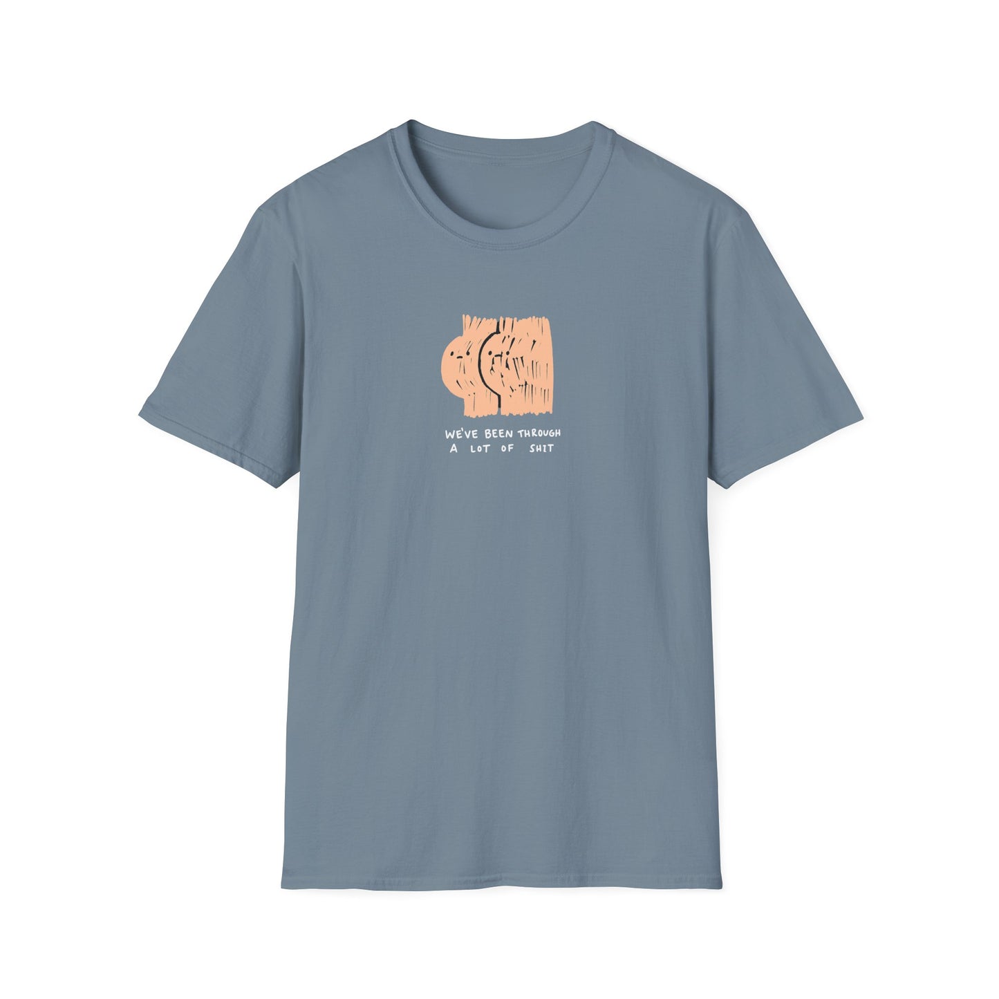 Stone blue graphic t-shirt with ‘we’ve been through a lot of shit’ text and abstract character illustration