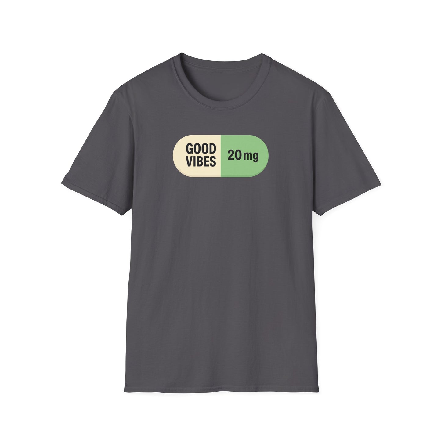 Good Vibes 20mg capsule graphic t-shirt in charcoal modern statement tee design