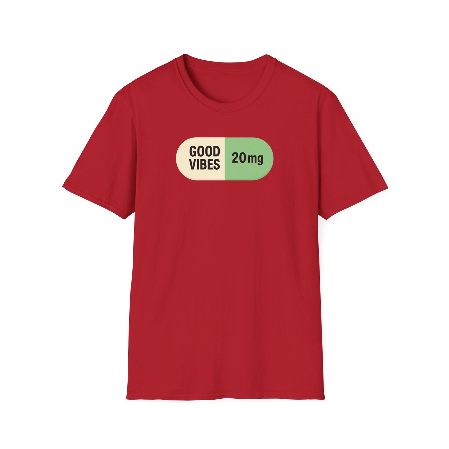 Good Vibes 20mg graphic tee in cherry red capsule design playful statement t-shirt