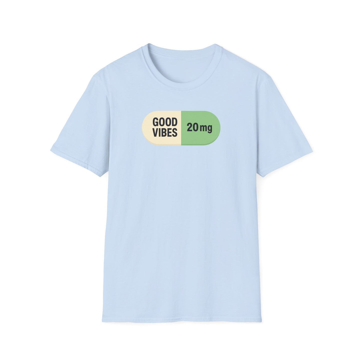Good Vibes 20mg graphic tee in light blue funny capsule design positive vibes shirt