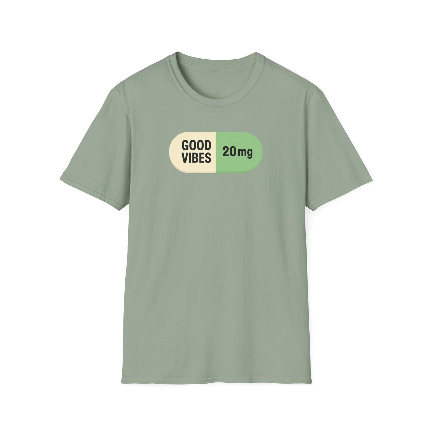 Good Vibes 20mg capsule graphic t-shirt in sage green minimalist feel good design