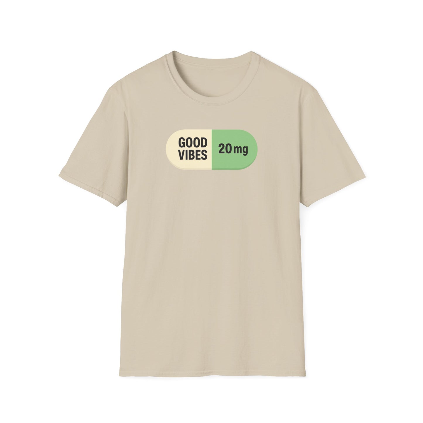 Good Vibes 20mg graphic t-shirt in sand colour minimalist capsule style funny tee