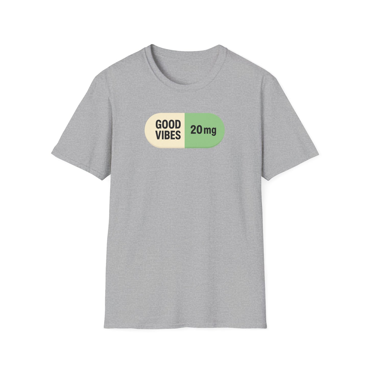 Good Vibes 20mg graphic tee in sport grey with capsule design self prescribed happiness