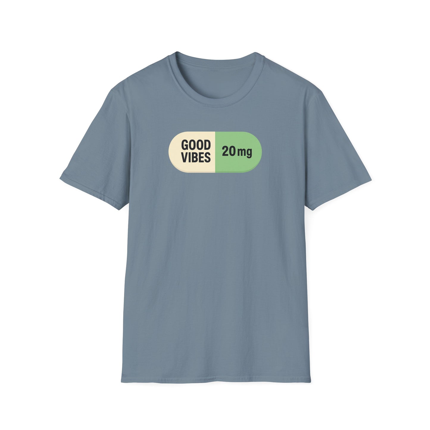 Good Vibes 20mg capsule graphic tee in stone blue minimalist statement t-shirt
